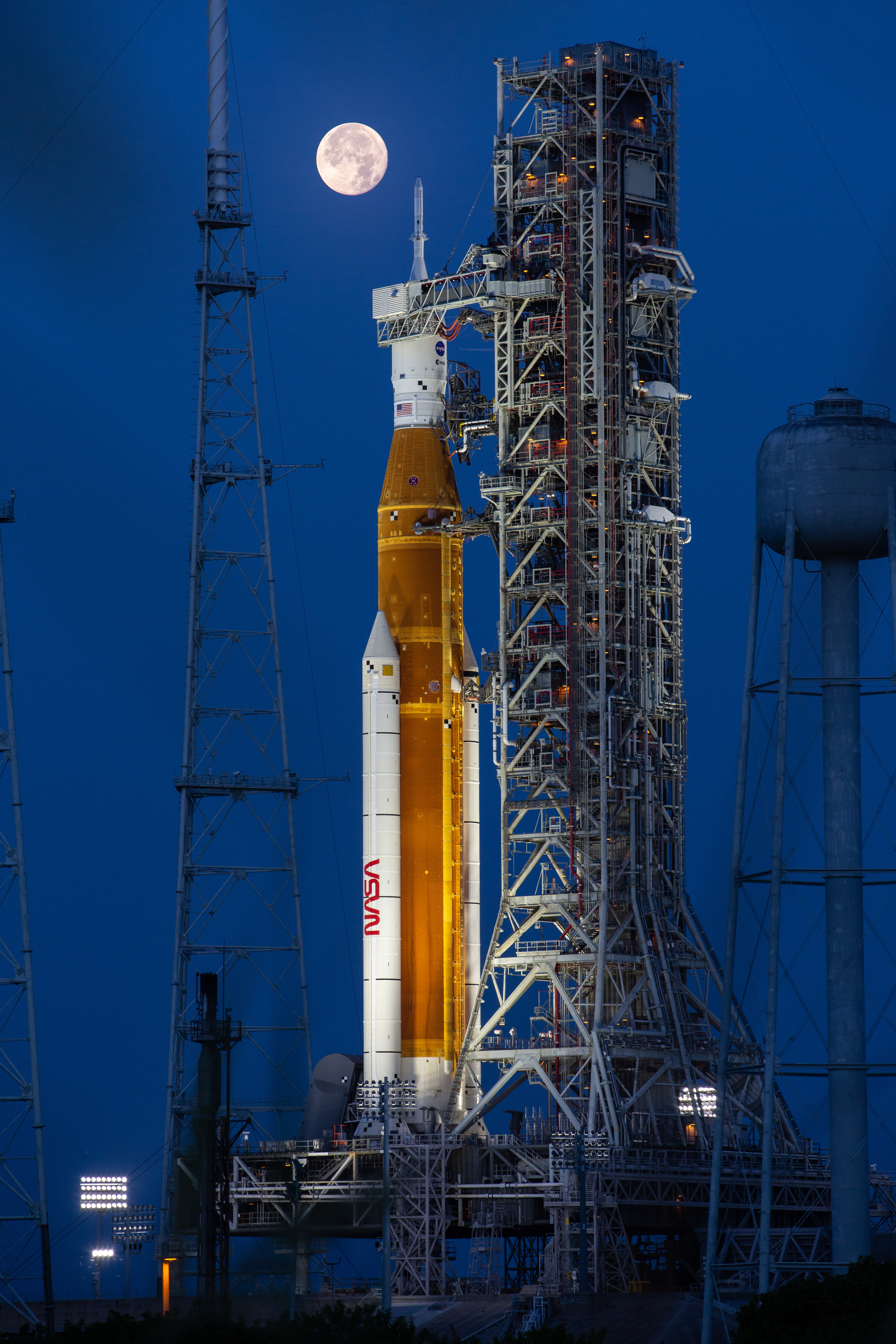 SLS on launch pad with full moon